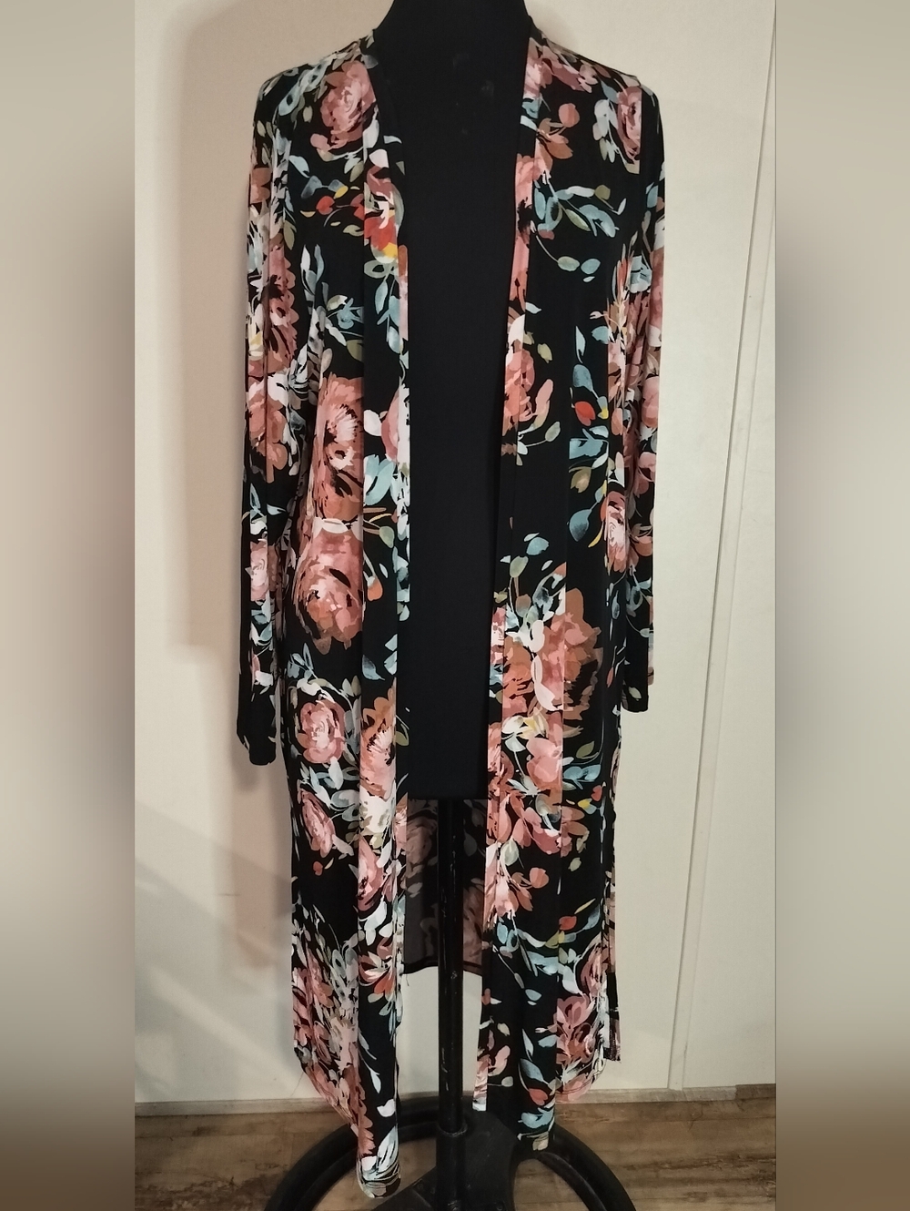 torrid Black Floral Duster with Pink and Mint Accents